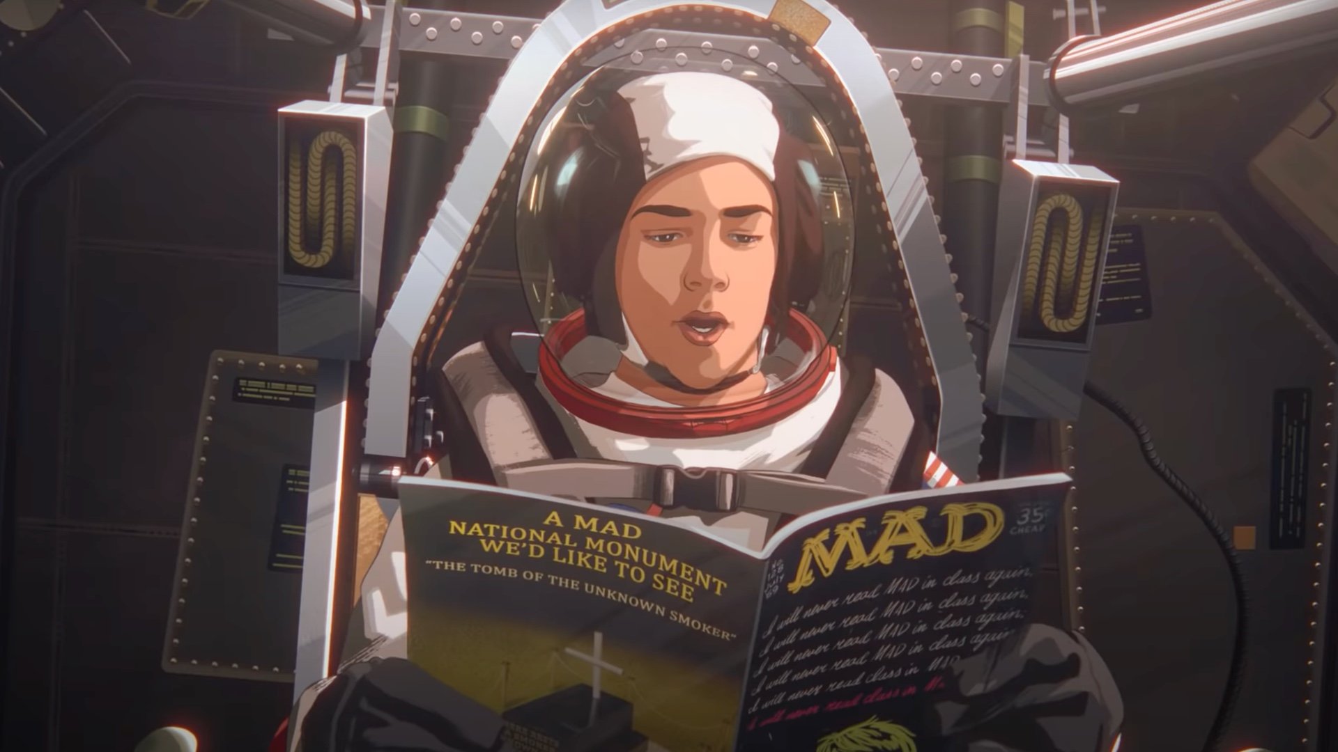 Cena do filme em animação Apollo 10 e Meio. Nela, o personagem Stan, uma criança branca, está dentro de um foguete enquanto lê uma revista Mad. Stan veste uma roupa típica de astronauta americano e ao seu fundo estão algumas ferragens que compõem o banco do foguete.