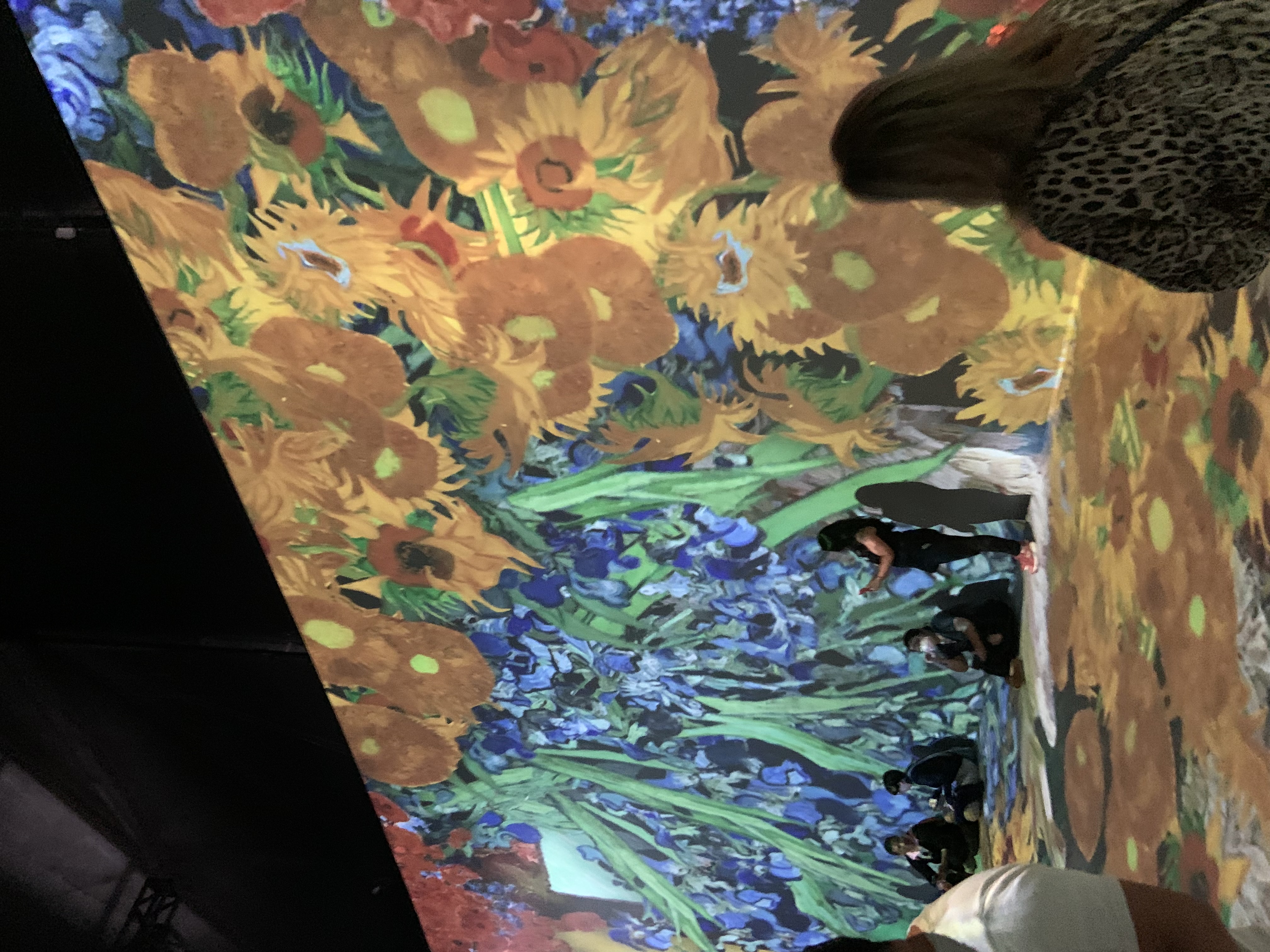 Foto da sala principal da exposição com projeções nas paredes e no chão de flores sobre uma pintura de Van Gogh, para dar efeito de fluidez na transição das imagens durante o vídeo, também contém pessoas tirando fotos e algumas sentadas no chão apreciando.