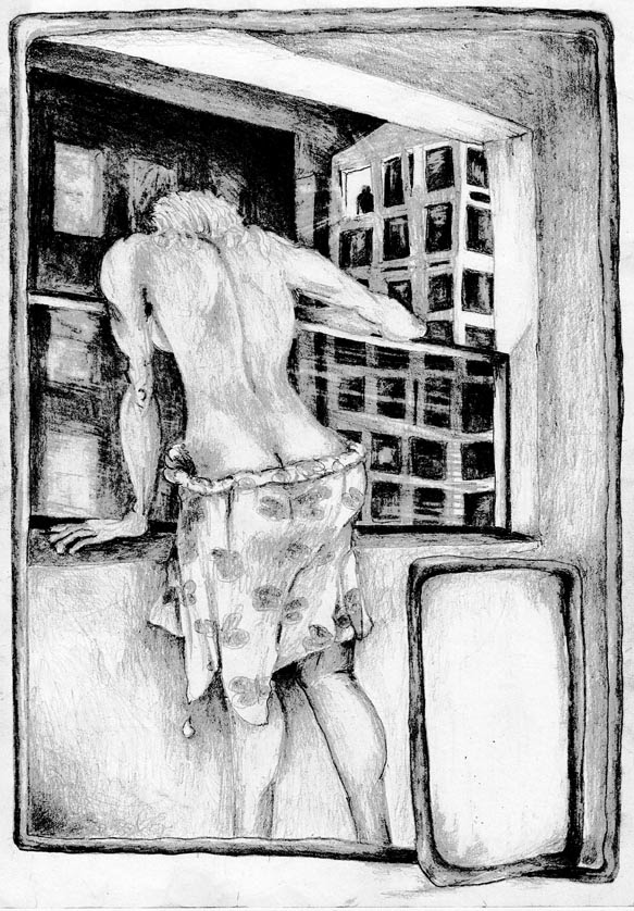 um desenho em preto e branco, retratando uma pessoa, com uma toalha amarrada na cintura, olhando, pela janela, uma cidade, com seus prédios