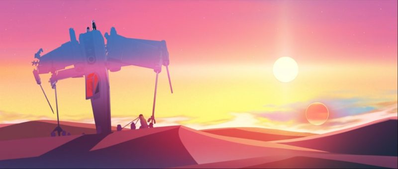 Cena da série Star Wars: Visions. A imagem mostra um deserto. Há uma nave espacial afundada na areia. A foto é iluminada por luzes alaranjadas, provenientes do pôr do sol. Há dois sóis na imagem. O céu está em degradê, indo do rosa ao amarelo.