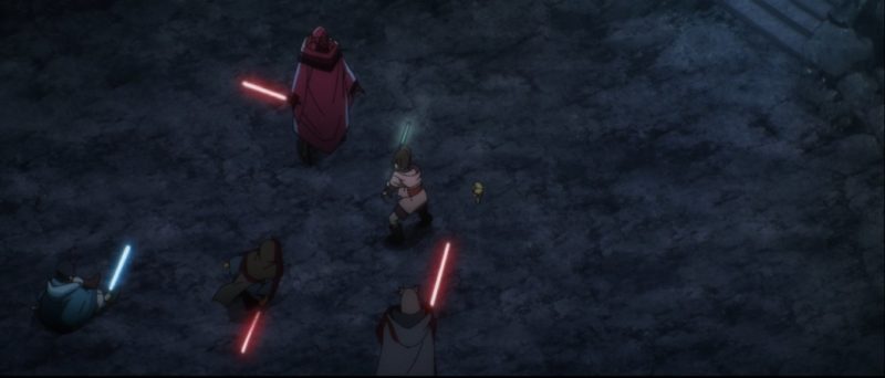 Cena da série Star Wars: Visions. A imagem mostra a luta entre um trio e uma dupla. O trio utiliza sabres de luz vermelhos, a dupla utiliza um sabre de luz azul e um de luz clara. A foto mostra um piso de pedra cinza escuro.