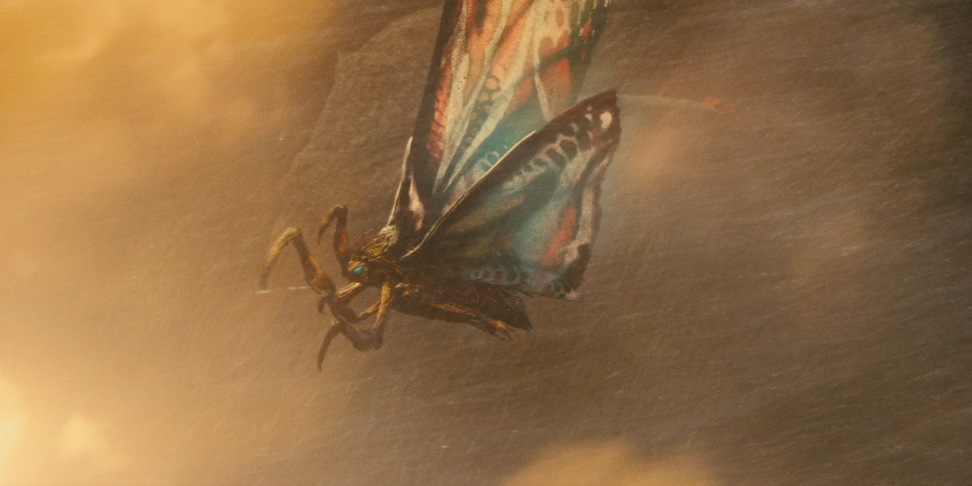  Foto da série Pacificador. A imagem mostra uma borboleta alienígena. Ela tem um formato de uma borboleta, com asas azuis e vermelhas, mas é um pouco maior e tem um corpo também um pouco maior. Ela tem braços mais longos que os de uma borboleta. Ela está em foco na imagem, ocupando-a quase inteira. O fundo é desfocado e tem uma coloração amarelada.