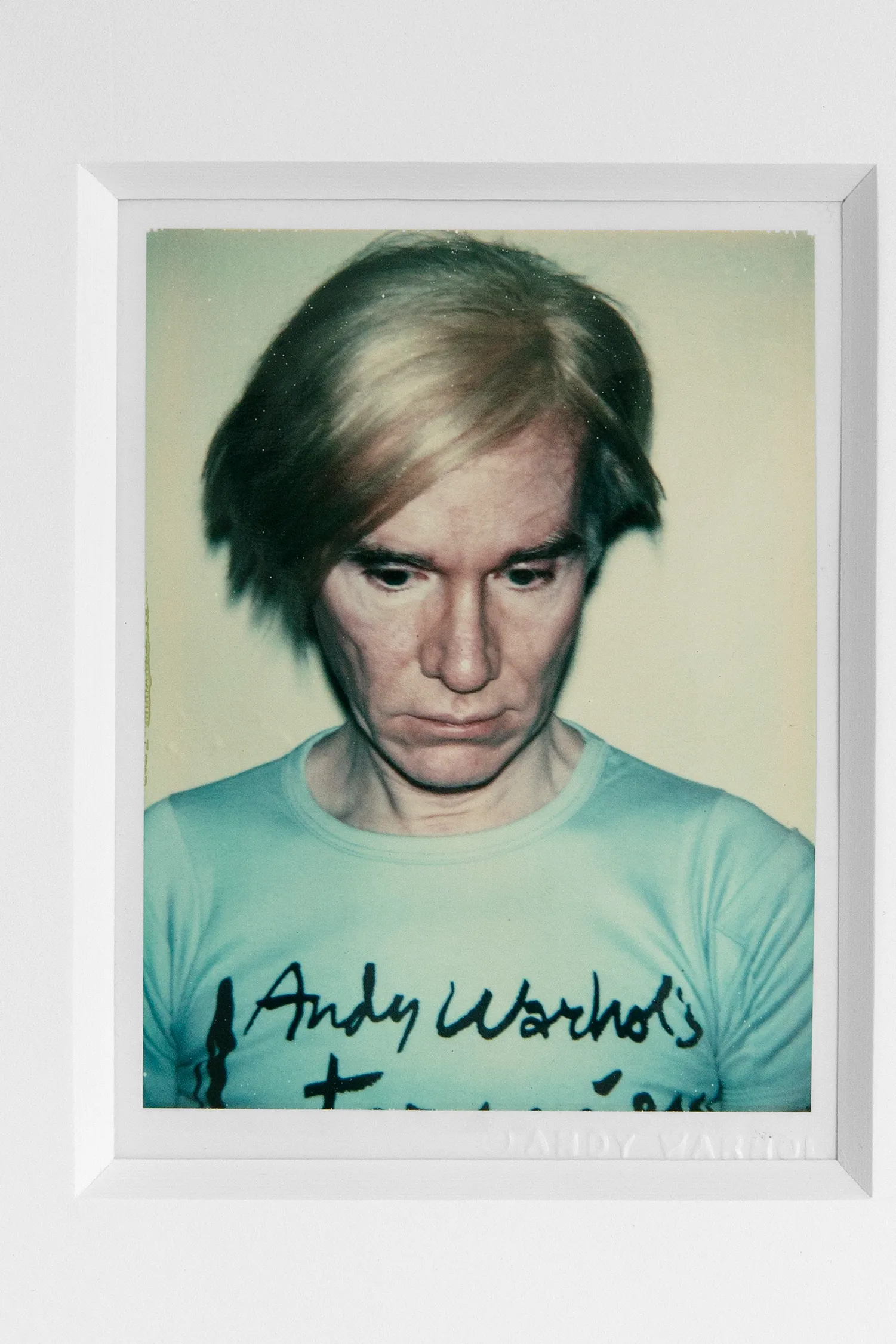 autorretrato de Andy Warhol, em foto polaroid. Em um fundo branco, Andy direciona seu olhar para baixo. Seus olhos são escuros, suas sobrancelhas pretas. Usa uma peruca loira lisa e penteada. Seu rosto é envelhecido. Veste uma camiseta azul clara, onde é possível se ler ‘Andy Warhol’, em letras cursivas pretas. As bordas da fotografia são brancas