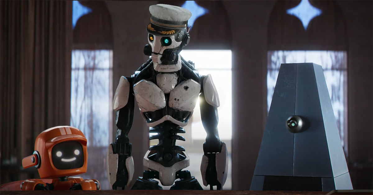 Cena do primeiro episódio do volume 3 de Love, Death + Robots. Nele vemos três robôs em um balcão de bar abandonado. Da esquerda para a direita, temos um robozinho menor de cabeça quadrada e na cor laranja. Em sua cara um visor forma um emoticon sorrindo. No meio, um robô branco com formas mais humanas. Ele veste um chapéu de marinheiro, seu olho direito é amarelo e o esquerdo azul. Por último, há um robô em um formato que se assemelha a um triângulo na cor cinza. Ele tem uma espécie de câmera que emite uma luz azul