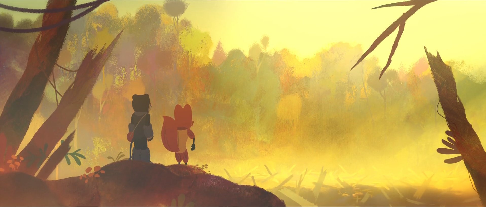 Cena do filme animado Perlimps. A cena mostra o urso e a raposa olhando para o horizonte, de costas para a imagem. A imagem tem muitos tons de amarelo e marrom, mostrando uma paisagem fosca e não nítida. 