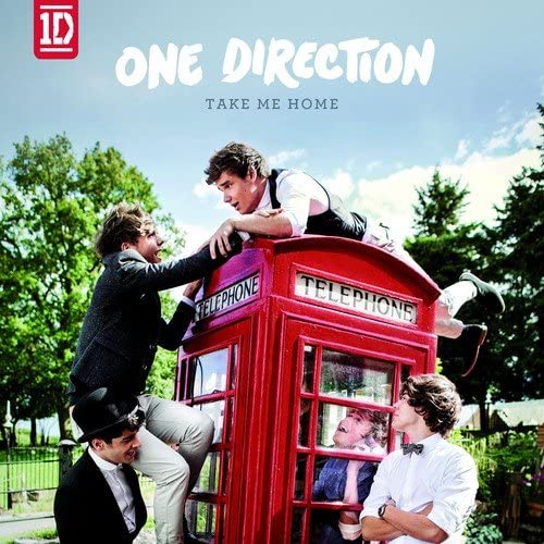 Capa do CD Take Me Home, da banda britânica One Direction. No canto superior esquerdo há a logo da banda, uma bandeira vermelha escrito “1D” dentro, em branco. À direita, também em branco, há o nome da banda, “One Direction”, e, embaixo, o nome do disco “Take Me Home”. A foto se passa num parque, onde três integrantes da banda estão ao redor de uma cabine telefônica vermelha, escrito “Telefone”, em inglês, um dos integrantes está dentro da cabine, e o outro, em cima.