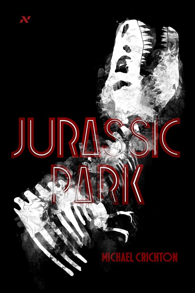 Capa do livro Jurassic Park de Michael Crichton, Editora Aleph o título do livro está centralizado no meio da capa, em vermelho, com uma faixa branca dentro das letras. Ao fundo há o desenho de um fóssil de Tiranossauro Rex na vertical