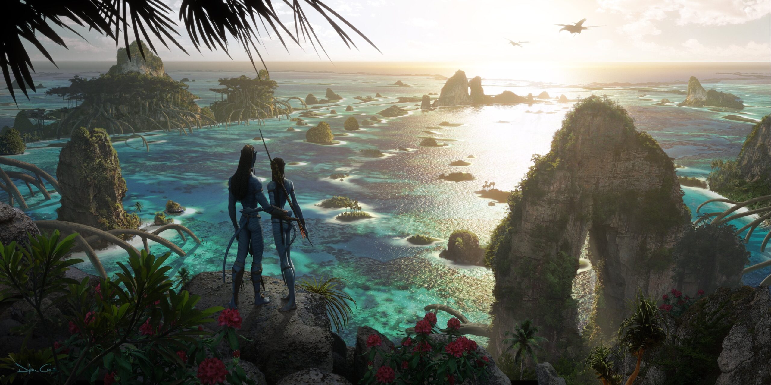 Cena do filme Avatar. Na imagem, aparecem dois habitantes de Pandora, planeta pertencente ao universo de Avatar. Neytiri e Jake Sully, dois Na'Vi, estão de pé observando o oceano de Pandora, local de águas cristalinas, rodeado de uma vegetação bastante verde e algumas poucas flores. Existem vários rochedos espelhados pela área.