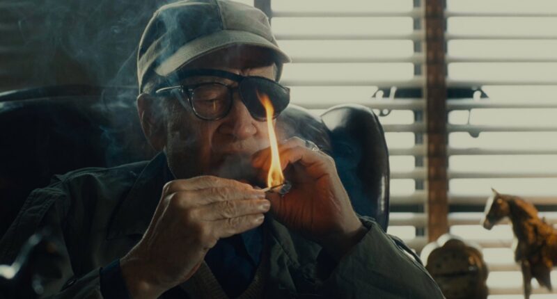 Cena do filme Os Fabelmans. David Lynch, que interpreta o diretor John Ford, é um idoso branco que usa óculos com um tapa-olho sobreposto, e veste um casaco e um boné verdes. Ele está em seu escritório, acendendo um charuto com um fósforo.