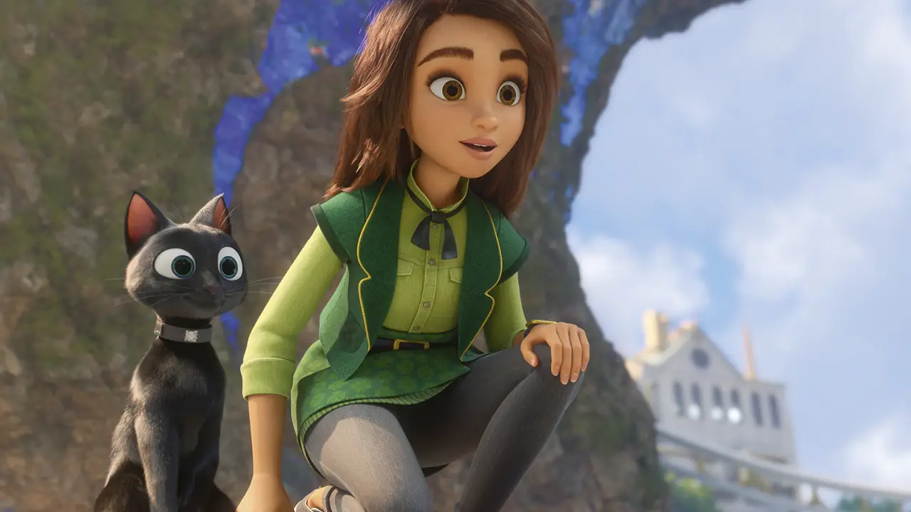 Cena do filme Luck. Na imagem estão Sam e o gato Bob. Ela é uma animação de uma garota jovem de cabelos castanhos médios, está vestindo uma blusa verde de dois tons e uma calça cinza. A personagens está apoiada sobre um dos joelhos ao lado do gato preto de olhos verdes, os dois encaram a paisagem.