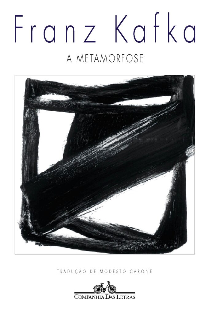 A capa do livro A Metamorfose tem o fundo todo branco com o nome do autor, Franz Kafka, escrito no topo em preto e em letras grandes. Embaixo do autor há o nome do livro, A Metamorfose, também escrito em preto mas em letras menores, e, mais abaixo, riscos pretos formando um quadrado quase abstrato.