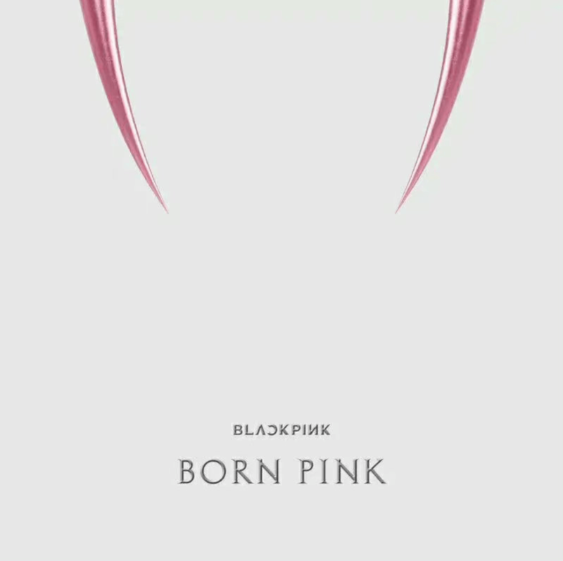 Capa do álbum BORN PINK. Nela, um quadrado branco apresenta, na parte superior central, dois ganchos cor-de-rosa que se estendem até o centro. Na parte inferior central, com fontes estilizadas, está o escrito “BLACKPINK”. Logo abaixo, no mesmo estilo, está o escrito “BORN PINK”.