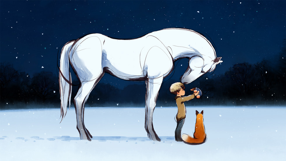 Cena do curta-metragem The Boy, the Mole, the Fox and the Horse. O cavalo, grande e branco, inclina sua cabeça para o menino, uma criança loira que veste um casaco marrom e uma calça azul, e ambos estão de lado, direcionados para a direita. O menino carrega uma pequena toupeira marrom na altura de seus olhos e ela veste um casaco azul. A raposa laranja está sentada de costas para a imagem, aos pés do menino. Os personagens estão em uma paisagem nevada e é noite.