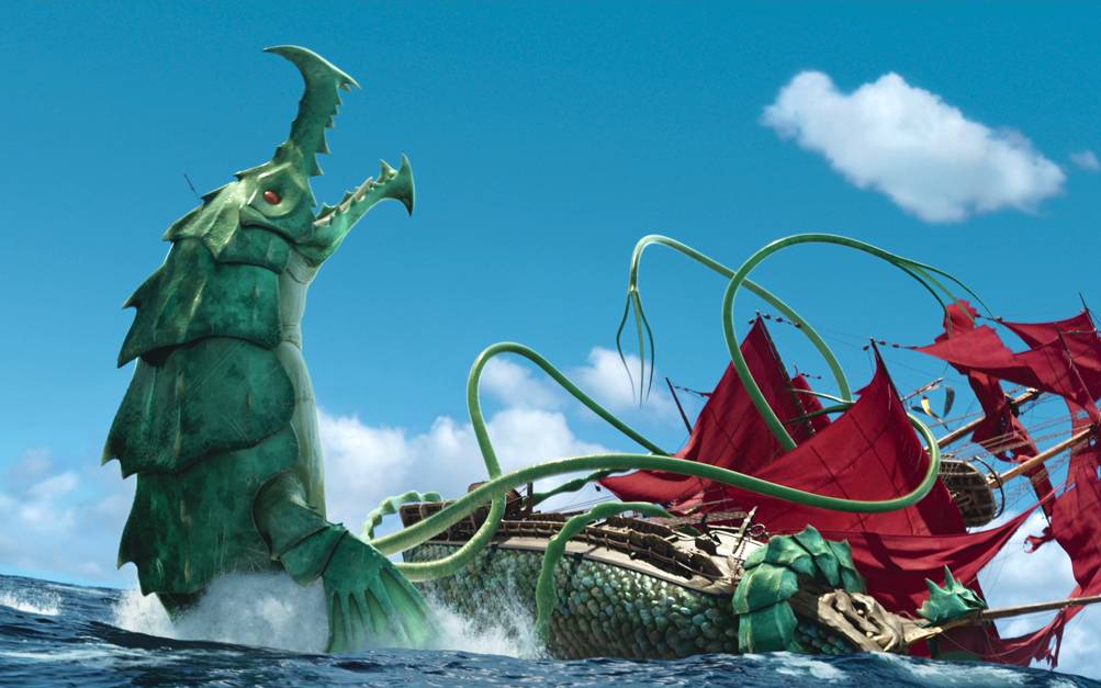 [Cena do filme A Fera do Mar. A imagem é uma das primeiras cenas do filme, onde uma criatura marinha, parecida com o Kraken, azul esverdeada e com vários tentáculos, está com os tentáculos ao redor de um navio, na intenção de afundá-lo