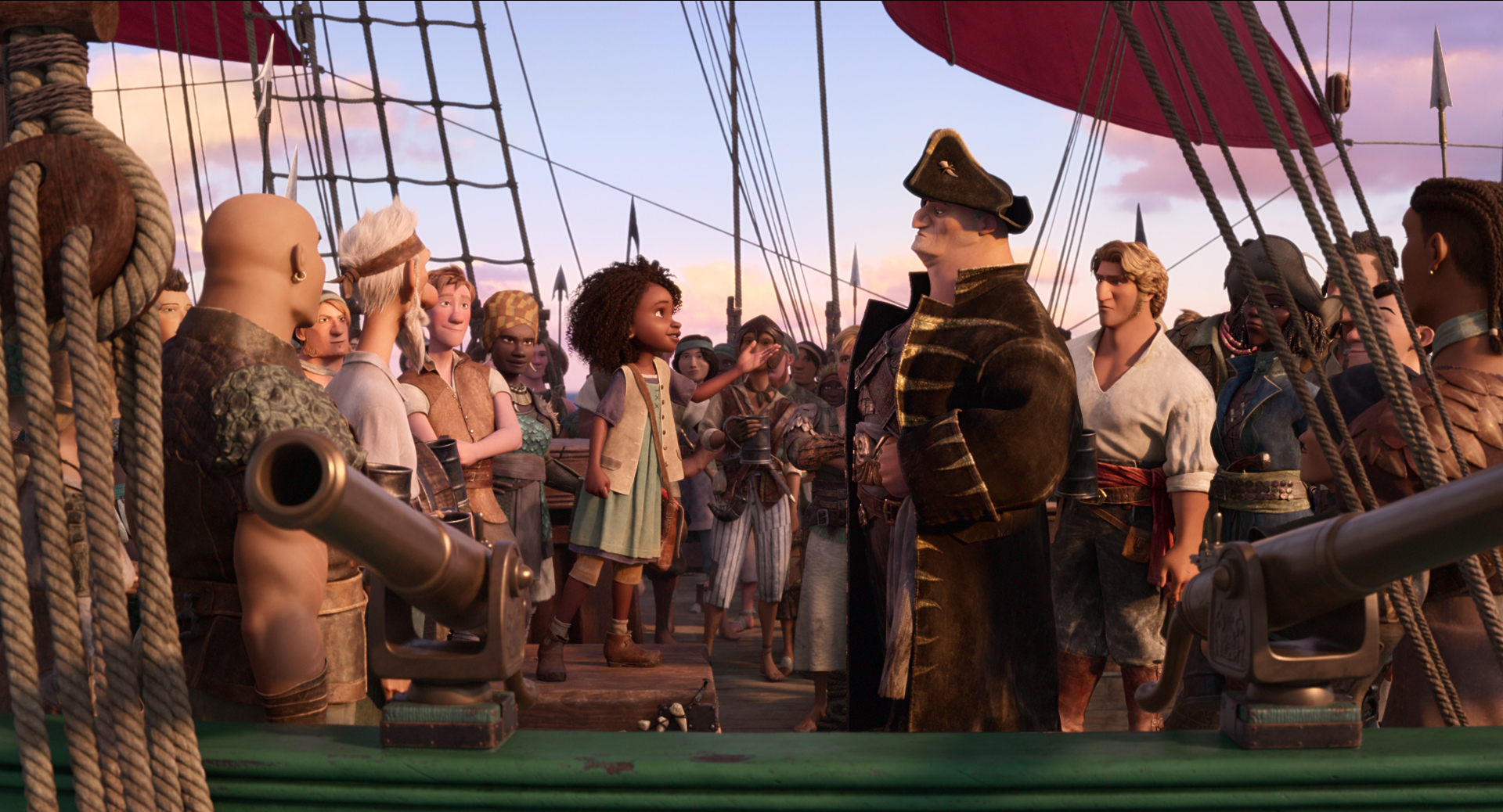 Cena do filme A Fera do Mar, onde Maisie está cara a cara com o Capitão Corvo, um homem branco que usa um tapa-olho e chapéu de pirata, na frente de centenas de tripulantes do navio, inclusive Jacob, que está atrás de seu pai, Corvo
