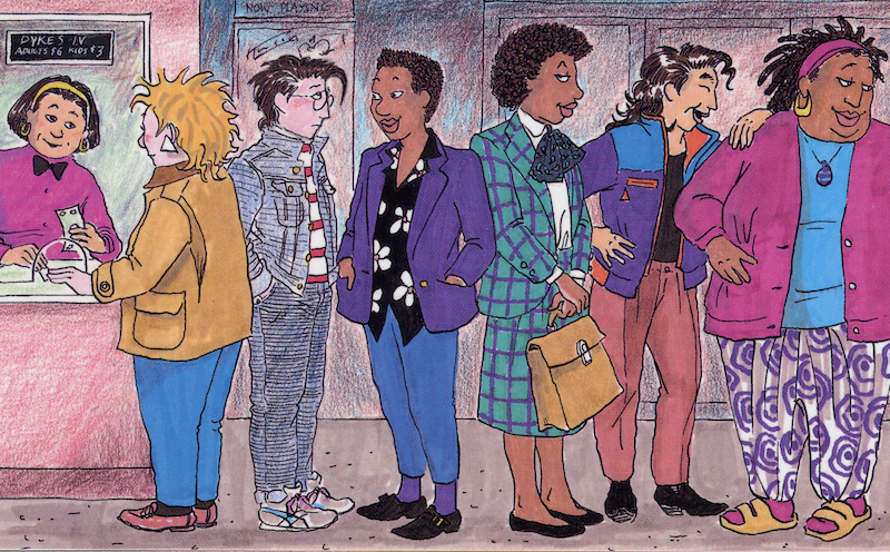 Ilustração de diversas personagens criadas por Alison Bechdel. Elas estão na fila de uma bilheteria. Da esquerda para a direita, mostra-se a cobradora da bilheteria usando um uniforme rosa e uma gravata borboleta; Harriet usando uma jaqueta amarela e uma calça azul; Mo usando uma jaqueta jeans e uma calça jeans; Ginger usando um terno roxo e uma calça azul; Clarice usando um terno listrado verde e roxo e uma saia também listrada verde e roxa; Toni usando uma jaqueta roxa e uma calça rosa, e Jezanna usando uma jaqueta rosa e uma calça branca com detalhes roxos.