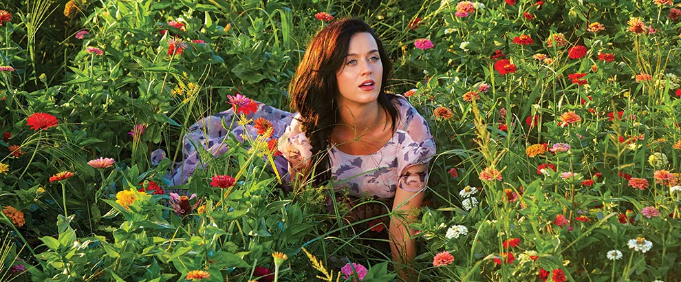 Fotografia da cantora Katy Perry. Na imagem, Perry, uma mulher branca de cabelos escuros e olhos claros, está apoiada em um campo de flores nas cores verde, amarelo, laranja, vermelho e rosa. Ela veste um vestido florido em tons rosados.