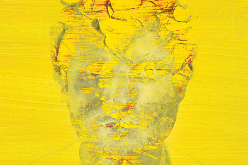 Capa do CD Subtract. Imagem quadrada com o fundo amarelo. Ao centro está um desenho do rosto do cantor Ed Sheeran, feito de traços leves, deixando apenas a silhueta. Há traços cinza e vermelhos. Dependendo da forma como se olha o rosto lembra um coração humano.