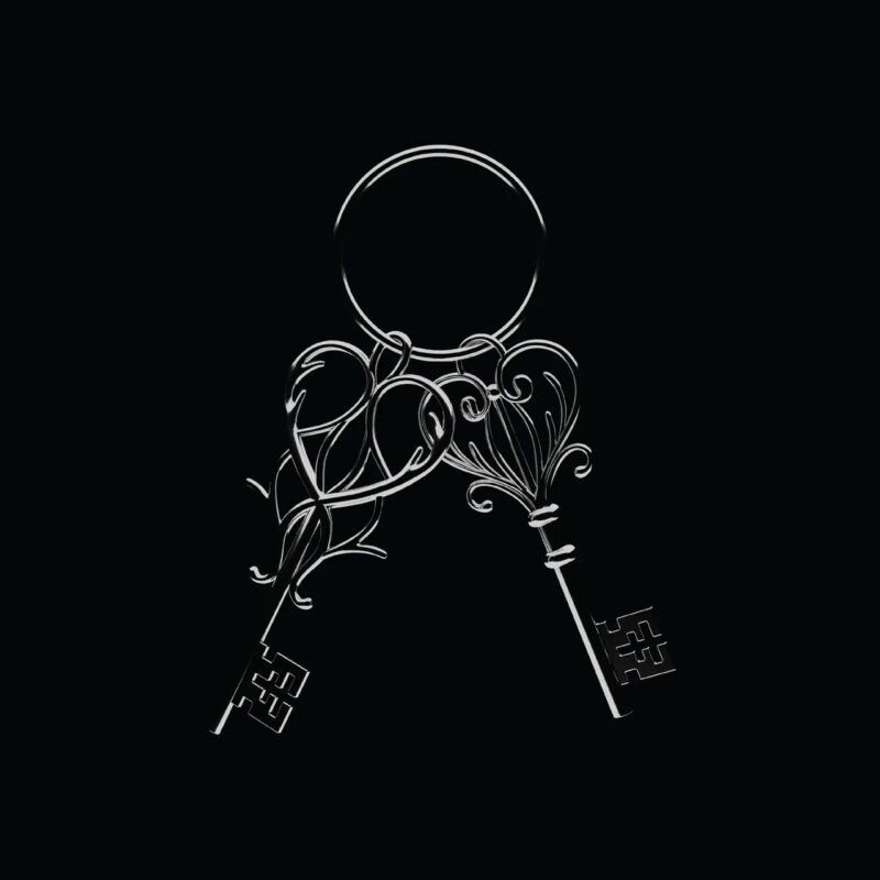 Capa do álbum Become, duas chaves de prata em formato de coração, com muitos detalhes nas formas em um fundo preto.
