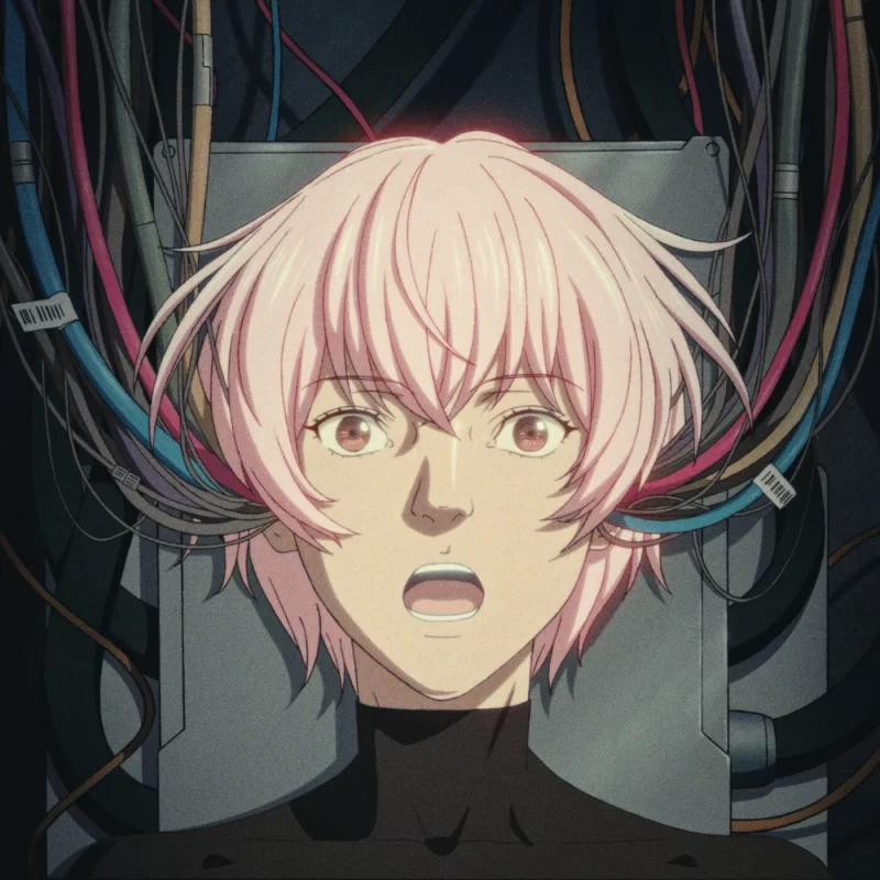 Capa do álbum DATA. Nela, há um personagem de anime retratado com cara de espanto. Ele tem cabelos e olhos cor-de-rosa, além de cabos de diferentes cores que entram em seus dois ouvidos. Ao fundo, uma mesa de metal, sobre a qual está deitado.