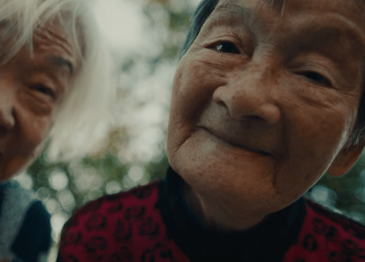 Cena do curta-metragem Nai Nai & Wài Pó. A foto mostra as duas mulheres e protagonistas, Nai Nai e Wài Pó, próximas da câmera e olhando-a com feições felizes, com pequenos sorrisos. No plano de fundo, há folhagens de árvores