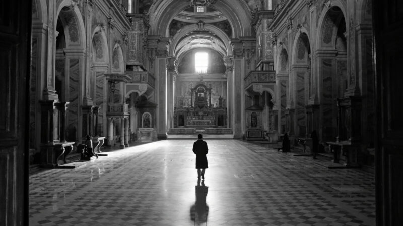 Cena da Série Ripley (2024).Tom está em uma enorme igreja, a foto é um plano aberto onde é possível ver o altar ao fundo e vários detalhes barrocos nas paredes ao lado, com abóbadas e pilares.