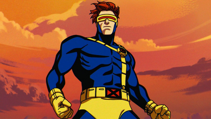 Cena da série animada X-Men '97Na imagem, o personagem Ciclope está centralizado, fazendo pose de poderio. Ele está com as mãos fechadas e os cabelos esvoaçados. Ele é um homem branco de cabelos ruivos. Ele usa um óculos especial que cobre toda a região dos olhos, numa linha amarela com outra linha vermelha na horizontal cortando o meio. Ele veste um uniforme de herói, nas cores azul e amarela. As luvas, cueca por cima da calça e cinto são na cor amarela, o restante em azul. No meio do cinto, assim como em um quadrado no lado direito do peito, está o símbolo dos X-Men, um X em preto com fundo vermelho. O fundo é o céu laranja.