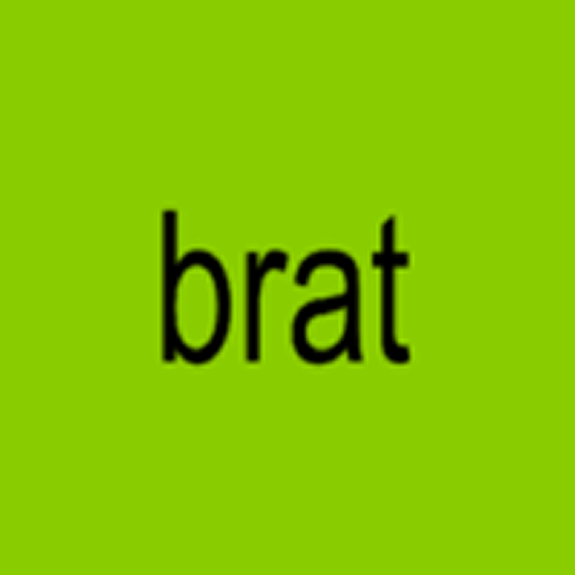 Capa do álbum brat, da cantora Charli xcx. A capa é totalmente verde neon com o escrito “brat” em letras minúsculas, em preto e pixeladas.