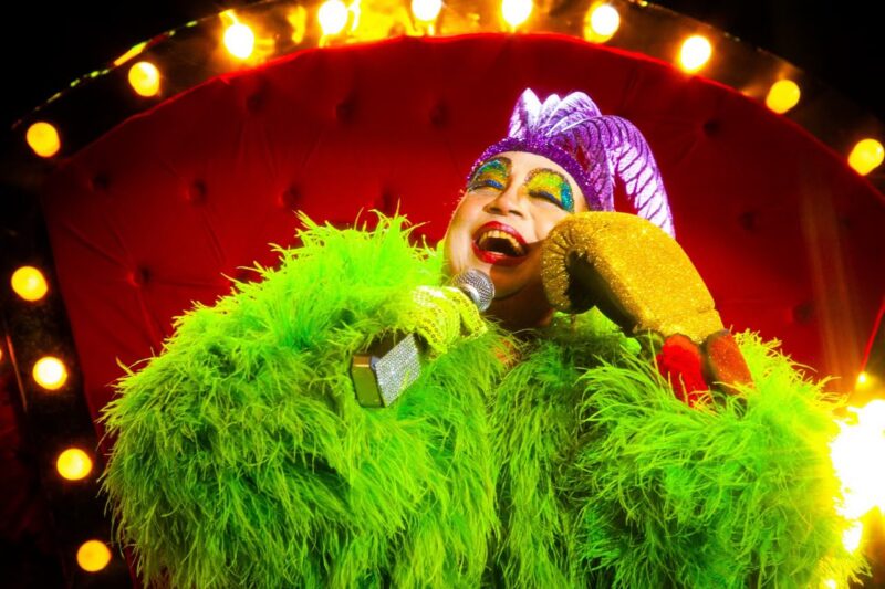 Cena de Sem Vergonha. Na imagem, a cantora Maria Alcina está com o rosto pintado de branco, sombra azul e verde e um batom vermelho. Ela veste um casaco verde florescente com plumas e um chapéu de bobo da corte roxo. Ao fundo, há uma cortina vermelha e luzes amarelas.