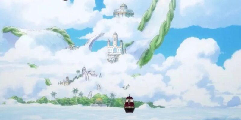 Cena do anime One Piece. A cena é vista de longe, e no centro dela tem um barco com velas vermelhas. O barco está indo em direção a uma cidade que está em meio às nuvens. A cidade tem um castelo central branco e tem cipós gigantescos saindo da ilha e indo em direção ao céu.