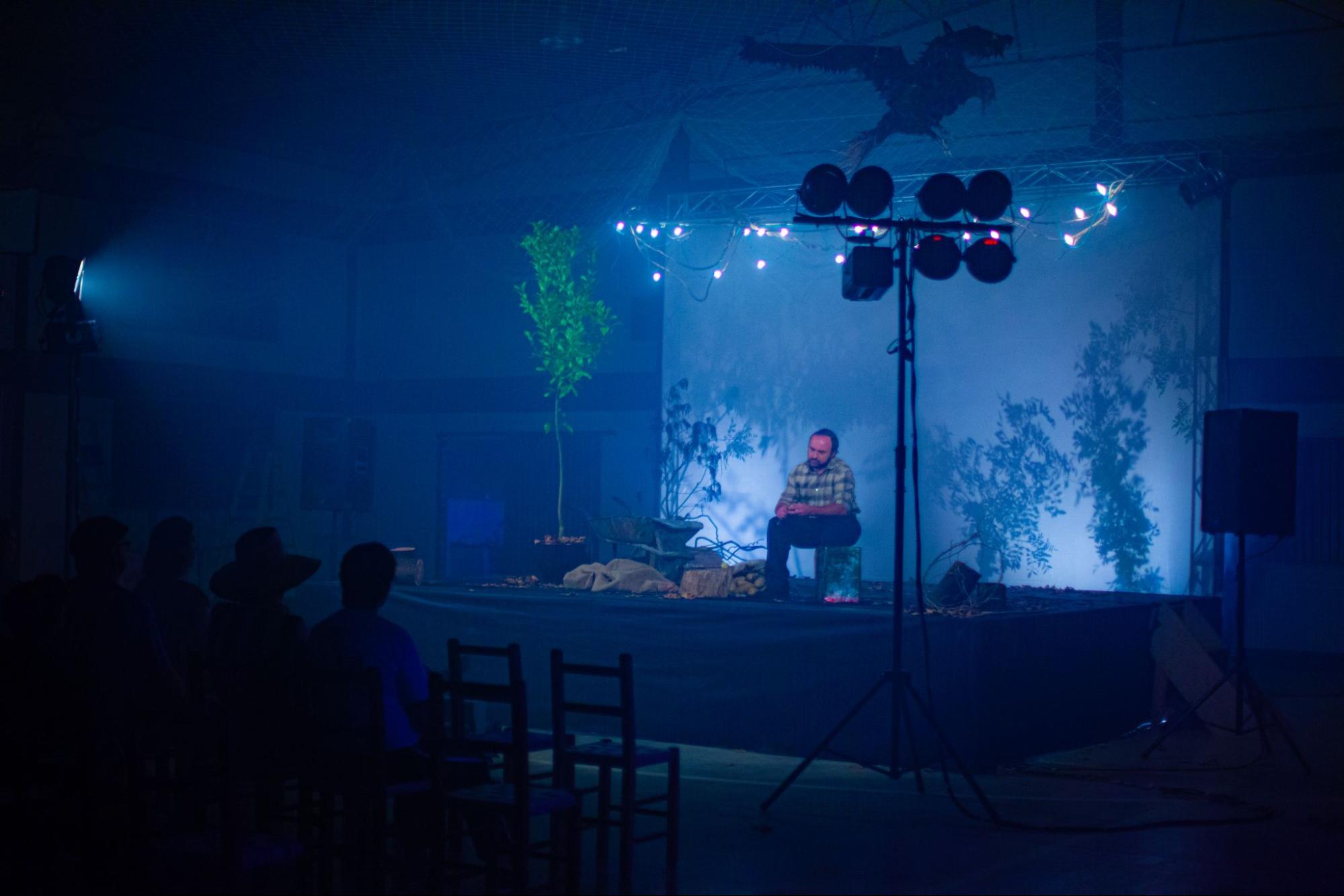 Cena do filme Bicho Monstro. Na imagem, vemos uma peça sendo ensaiada. As poucas luzes azuladas iluminam o palco em que o ator principal parece estar em uma floresta. O público assiste com tensão aos acontecimentos que se dão em cima do palco e que representam um suposto ataque de uma criatura misteriosa, muito falada sobre na região Sul do país.