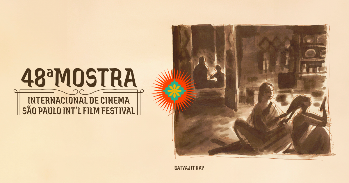 Pôster da 48ª Mostra Internacional de Cinema de São Paulo com uma ilustração criada por Satyajit Ray em tons terrosos. A imagem central representa uma cena interior com três figuras humanas. No primeiro plano, à direita, duas pessoas estão sentadas no chão; uma delas parece estar penteando o cabelo da outra, com gestos suaves e intimistas. No fundo, uma terceira pessoa está sentada mais distante, observando ou participando de uma interação sutil com as outras figuras. A ambientação sugere uma cena doméstica ou cotidiana, com paredes e sombras que adicionam profundidade à composição. No centro do pôster, há um símbolo estilizado que lembra uma flor em vermelho e verde, contrastando com os tons suaves da ilustração.