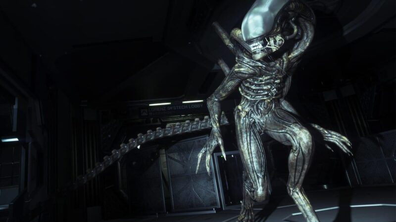 Imagem do jogo Alien: Isolation. Em primeiro plano, um Xenomorfo olha para o lado. É possível observar as costelas expostas e o longo rabo e mãos afiadas da criatura. Em segundo plano, há uma porta pouco iluminada, assim como todo o cenário que cerca o Alien.