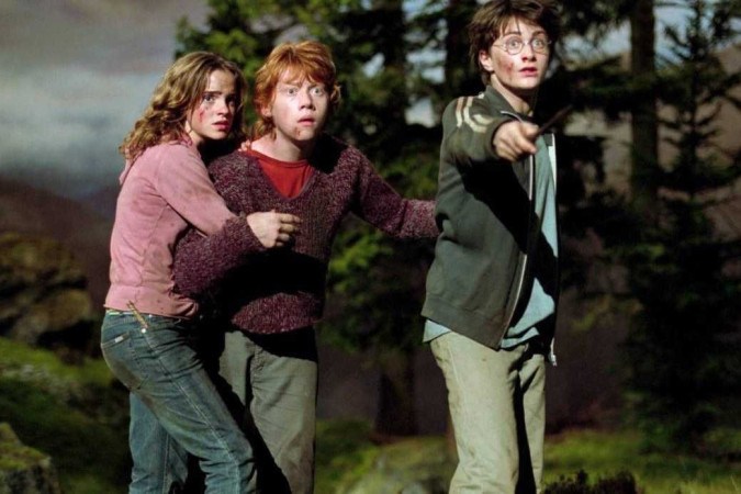 Ao fundo, o cenário é de uma floresta. Na esquerda Hermione está de lado, abraçada ao braço direito de Rony. Mais ao centro, Rony está de frente para a câmera, com o braço direito sendo abraçado por Hermione e o esquerdo segurando Harry. Também no centro da imagem, Harry está de lado apontando uma varinha para algo fora do plano. Os três estão com cara de assustados e olhando para algo fora do plano