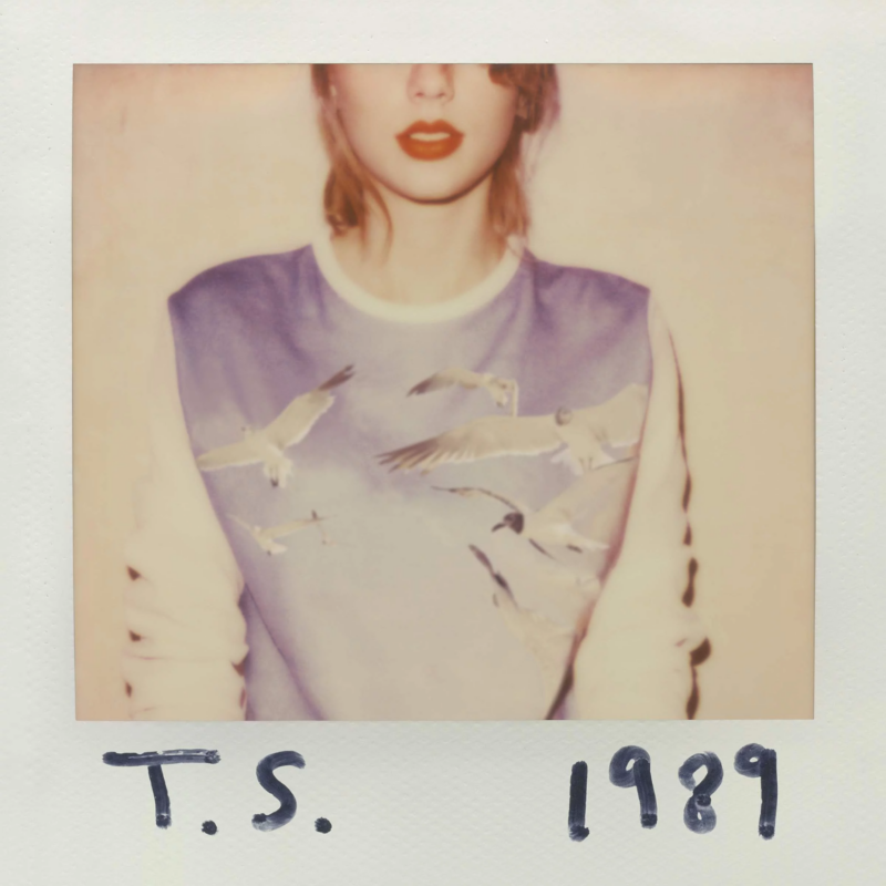 Uma foto estilo polaroid retratando Taylor Swift com o rosto parcialmente cortado, vestindo um suéter estampado com gaivotas voando contra um fundo azul. Abaixo da imagem, está escrito "T.S." e "1989" em letras manuscritas.