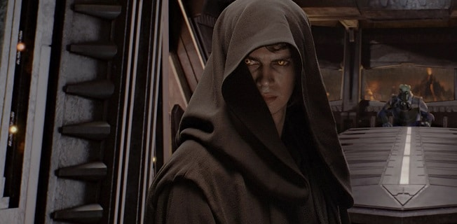 O cenário é de uma sala futurista. Anakin está ao centro, ele está de lado, mas olhando para a câmera. Ele usa um capuz marrom escuro que cobre parte de seu rosto. Seus olhos estão amarelos e demonstram ódio.
