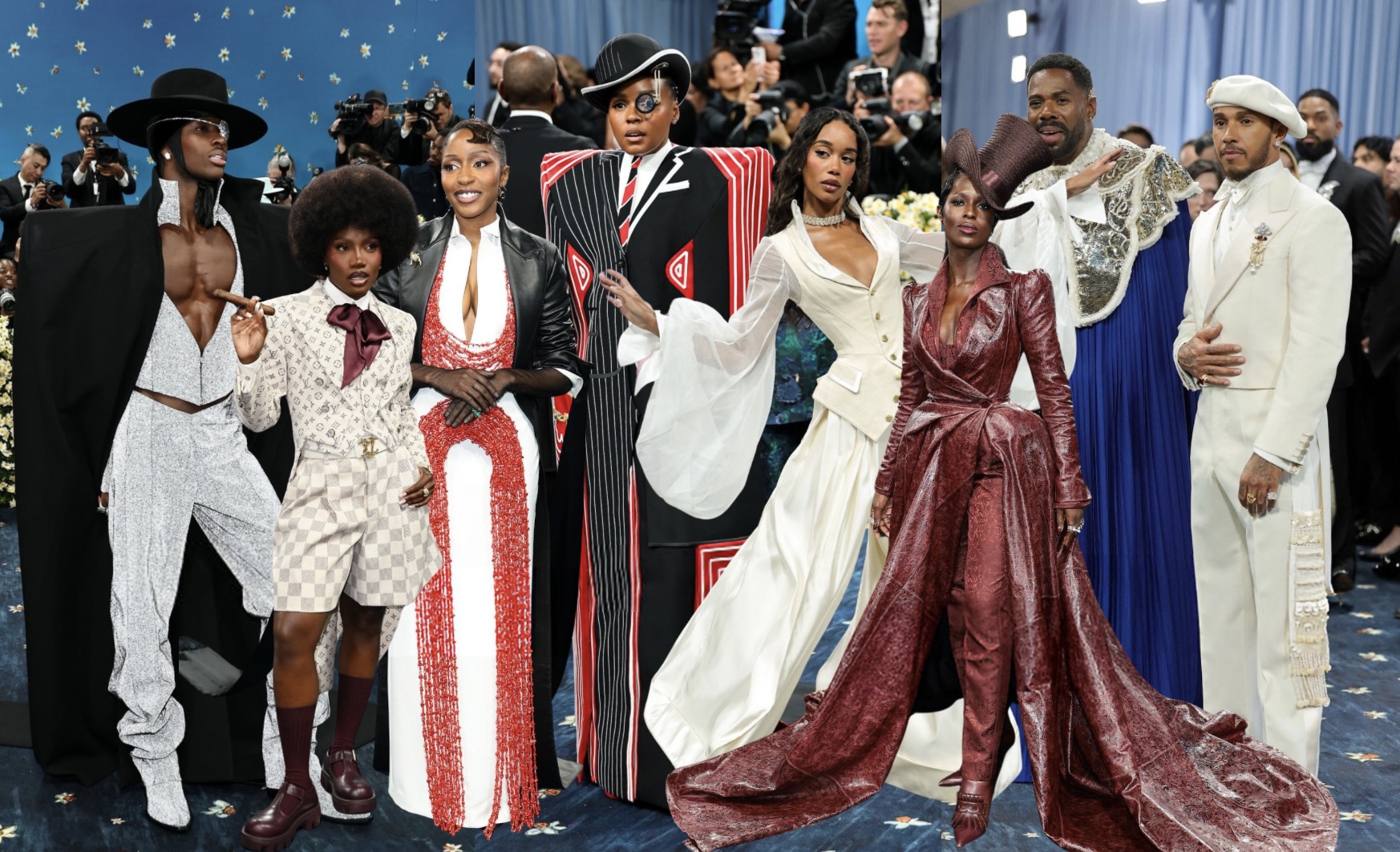 A colagem retrata oito pessoas negras posando com elegância em um tapete azul decorado com pequenos motivos dourados, em um evento de gala repleto de glamour, como o Met Gala. Ao fundo, uma parede azul com estrelas douradas e uma multidão de fotógrafos registra o momento. Cada pessoa exibe um visual sofisticado, que une referências históricas, afrofuturismo e o dandismo negro. À esquerda, a primeira pessoa chama atenção com um chapéu preto de aba larga, óculos escuros, casaco longo preto estruturado e aberto, revelando um conjunto prateado brilhante composto por um top decotado e calça de cintura baixa. Com porte firme, segura um charuto com atitude. Ao seu lado, a segunda pessoa ostenta um volumoso cabelo afro e veste uma camisa clara estampada com logotipos, combinada com gravata vinho e shorts xadrez bege. O look é completado com sapatos robustos bordô e meias altas, remetendo a um estilo escolar de luxo com irreverência.A terceira pessoa surge com um vestido branco justo adornado por longas franjas de contas vermelhas que caem pela frente. Usa um casaco de couro preto curto, luvas pretas e o cabelo está penteado em um coque baixo elegante. A quarta pessoa traz imponência com um terno escultural de ombros exagerados, com listras pretas e vermelhas, camisa branca e gravata listrada. Usa um chapéu redondo e um monoculo decorativo, evocando a estética vitoriana com toques afrofuturistas. A quinta pessoa esbanja leveza em um conjunto off-white com corset e saia ampla fluida, com mangas longas e translúcidas. Os cabelos soltos em ondas naturais e o colar de pérolas complementam o ar etéreo e refinado. Ao lado, a sexta pessoa se destaca com um conjunto de couro marsala com textura que lembra pele de réptil. A peça une um casaco longo de cauda dramática e calça ajustada. Um chapéu estruturado com aba alta e curva finaliza o visual com teatralidade e elegância.Na sequência, a sétima pessoa ostenta uma túnica branca bordada com pedras e uma capa azul royal fluida, combinando elementos de realeza e religiosidade. A barba aparada e o cabelo curto complementam o visual imponente. Por fim, a oitava pessoa exibe um terno branco com detalhes dourados e franjas pendentes na lateral da calça. Usa uma boina branca e um broche reluzente, mantendo uma postura confiante e sofisticada.