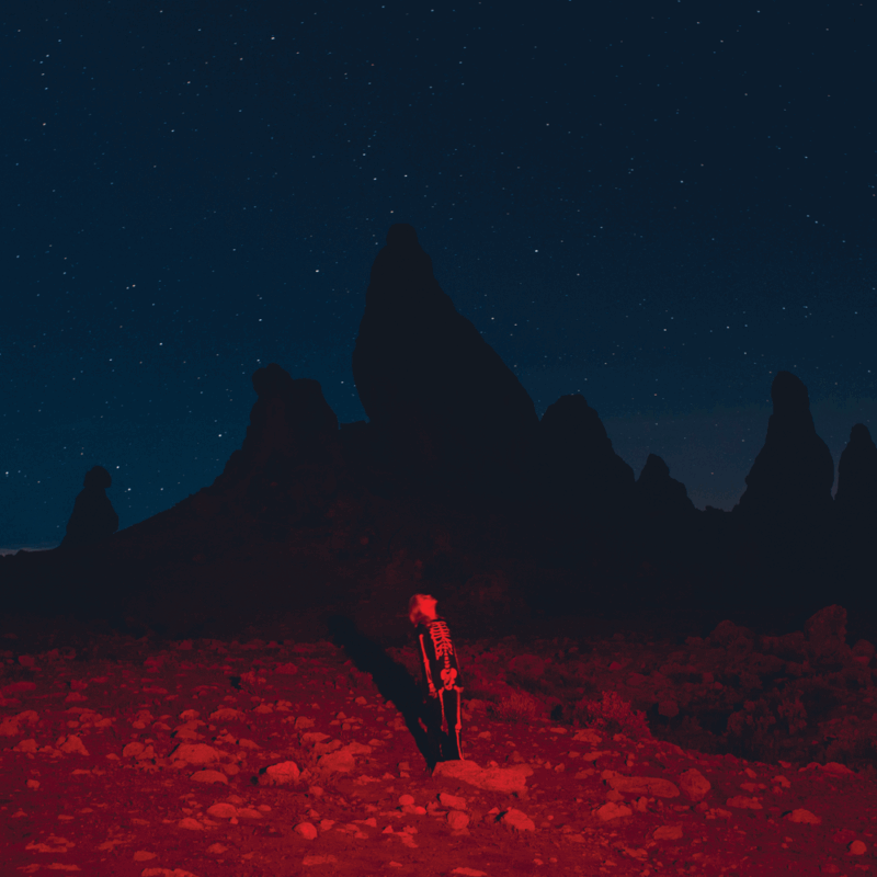 Capa do álbum Punisher, de Phoebe Bridgers. Nela, vemos Phoebe, uma mulher branca de cabelos platinados. Ela veste um macacão preto com estampa de esqueleto. Ela está centralizada na parte inferior enquanto olha para cima. Ela está em um deserto, com uma montanha de fundo e uma noite estrelada. A imagem está tratada de forma que o chão está na cor vermelha e o fundo na cor azul