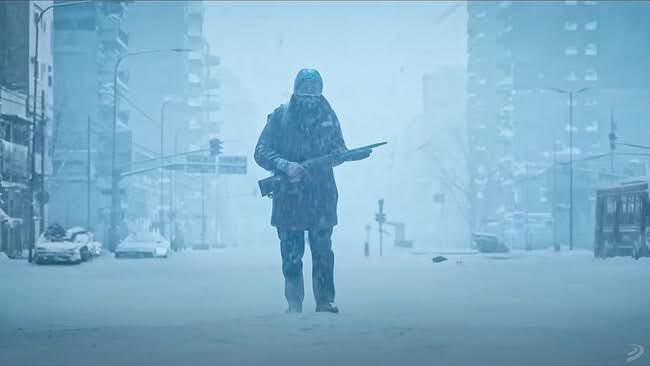 Cena da série O Eternauta, da Netflix. A cena mostra a silueta de Juan Bolsa (Ricardo Darín) caminhando por uma rua coberta de neve, a sua esquerda é possível ver um ônibus abandonado e a sua direita dois carros em estado semelhante, às margens da via existem prédios altos também cobertos de neve, toda paisagem está envolta em um espesso nevoeiro.