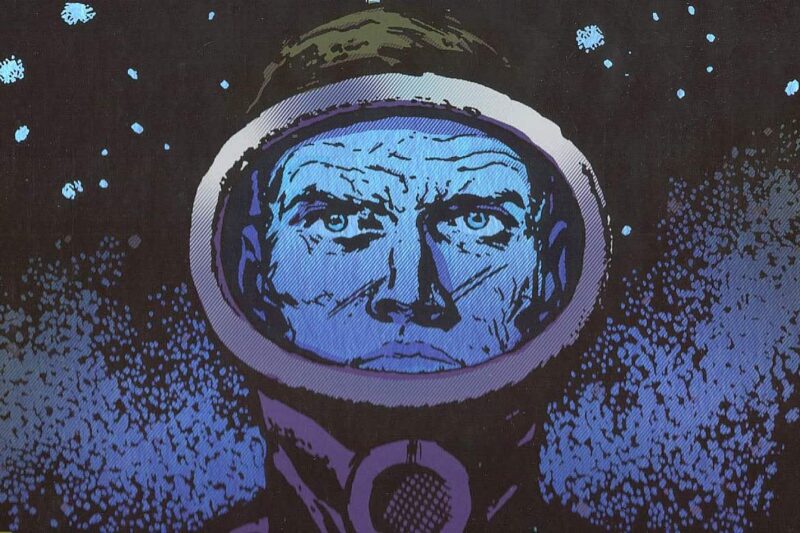 Página do quadrinho O Eternauta. A arte mostra Juan Salvo, um homem branco de meia idade, de olhos azuis, ele olha fixamente para frente e usa uma máscara de gás com um visor no rosto e um filtro de respiração na altura do pescoço