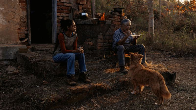 Dora, uma mulher de pele escura e cabelos crespos, está sentada em um degrau de tijolos do lado de fora de uma cabana rústica. Ela usa uma camiseta de manga comprida e jeans, com as mãos cruzadas sobre os joelhos. Ao lado dela, Ernesto, um homem de pele clara e cabelos grisalhos, está sentado em um banco, comendo em um prato. A luz dourada do sol poente ilumina a cena, lançando sombras longas. Em primeiro plano, o cachorro Encrenca, de pelo marrom avermelhado, olha para Ernesto, como se esperasse um pedaço de comida.