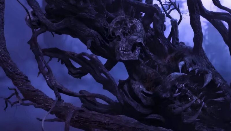 Cena do filme Entre MontanhasNa imagem, há um esqueleto, já em estágio avançado de decomposição, preso aos dentes de uma vegetação ambulante. Os troncos são tortos e assustadores, as cores da fotografia são em tons de azul, com névoa ao fundo, impedindo de ver o horizonte. 