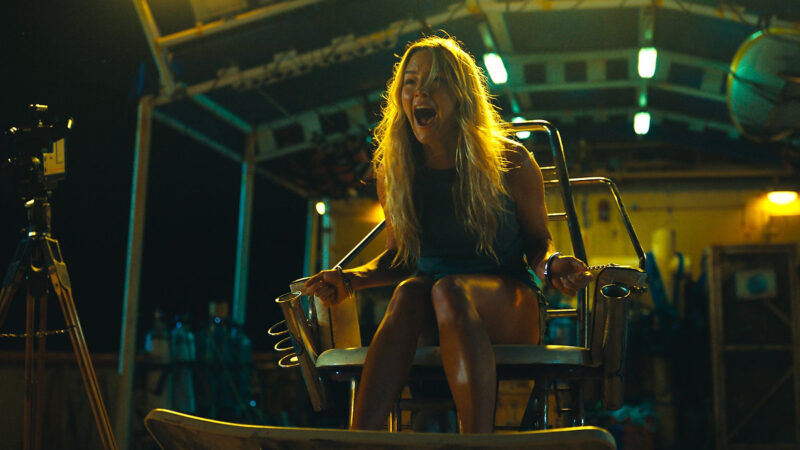 Cena do filme Animais PerigososNa imagem, a personagem Zephyr está com os pulsos algemados nos braços de uma cadeira metálica. Ela está apavorada, gritando. O cenário é em um barco, atrás da personagem, em desfoque, há várias tralhas. No lado esquerdo, há uma câmera apoiada em um tripé. Está de noite e as luzes do veículo iluminam a mulher. Zephyr é uma mulher branca, de cabelos longos e loiros, na faixa dos 35 anos. Veste um uniforme de surfe na cor azul e shorts curto. 