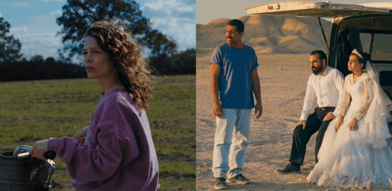 À esquerda: Cena de Mirrors No. 3. Uma mulher de cabelo cacheado, veste um moletom roxo, olha para o lado esquerdo de um campo verde, segurando uma bicicleta. À direita: Cena de Foi Apenas um Acidente. Em uma paisagem desértica, um homem de camiseta azul está em pé, enquanto um homem de camisa branca e uma mulher vestida de noiva estão sentados na parte traseira aberta de uma caminhonete branca.