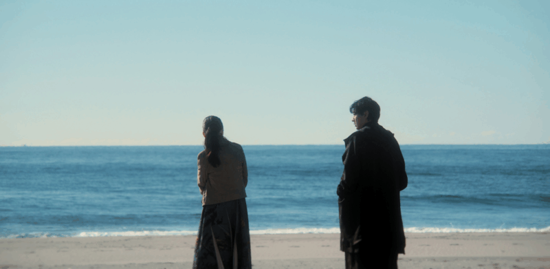 À beira-mar, um homem e uma mulher observam o horizonte em silêncio. Ela está de costas, com uma saia longa e jaqueta clara, enquanto ele, de sobretudo escuro, permanece um pouco afastado. O mar calmo e o céu azul compõem uma paisagem serena, marcada pela distância emocional entre os dois.