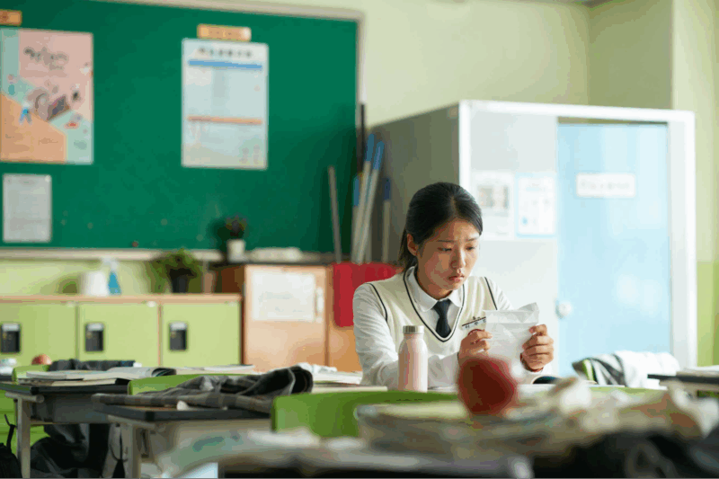 Cena do filme O Mundo do Amor. Uma estudante de uniforme escolar está sentada sozinha em uma sala de aula vazia, lendo uma carta com expressão preocupada. Ela veste uma camisa branca, colete bege e gravata azul escura. Ao redor, há mesas desorganizadas com livros e mochilas.