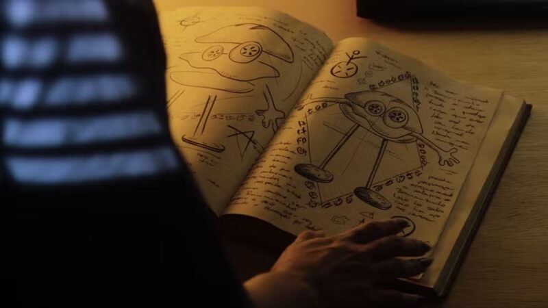 Cena do filme X-SlasherNa imagem, a mão de uma mulher branca folheia um livro de invocação. Na página direita, há um sanduíche com mãos, olhos de pepino e pés de tomate desenhado dentro de um losango, com várias escrituras. Enquanto na esquerda, está o mesmo lanche, mas desmontado. A iluminação é escura e amarela. 