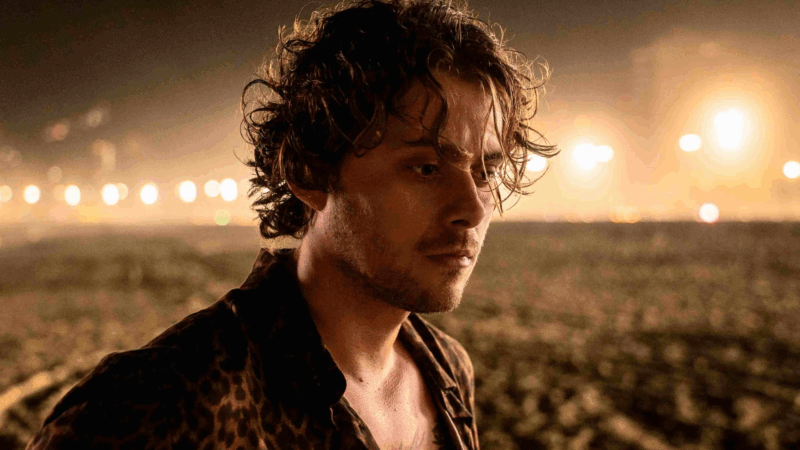 Um close-up noturno do personagem Gabriel, interpretado por Caio Macedo, no filme Ruas da Glória. Ele é um jovem de pele clara e cabelos castanhos ondulados, vestindo uma camisa de botão com estampa de leopardo. Gabriel olha para baixo e para o lado com uma expressão séria e introspectiva. O fundo está desfocado, preenchido por luzes brilhantes da cidade, sugerindo um ambiente externo à noite.