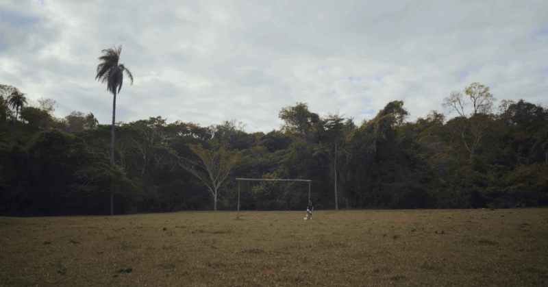 Há uma grande área verde plana com uma trave de madeira no centro. Ao fundo há muitas árvores e vegetação densa. Ao lado do gol, uma criança segura a bola de futebol com os pés enquanto encara a trave. 