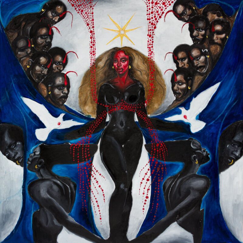 Na imagem, há uma pintura de uma mulher no centro. Ela possui cabelos longos e cheios, com os braços abertos, e uma estrela no topo da cabeça. Ao seu redor, há vários rostos emoldurados, com elementos em azul e vermelho, além de duas pombas brancas. 